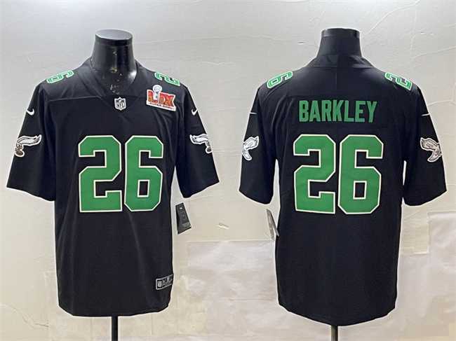 Mens Philadelphia Eagles #26 Saquon Barkley Black 2025 Super Bowl LIX Patch Throwback Vapor Untouchable Limited Stitched Jersey Dzhi